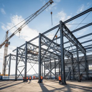Charpente métallique industrielle en cours de montage