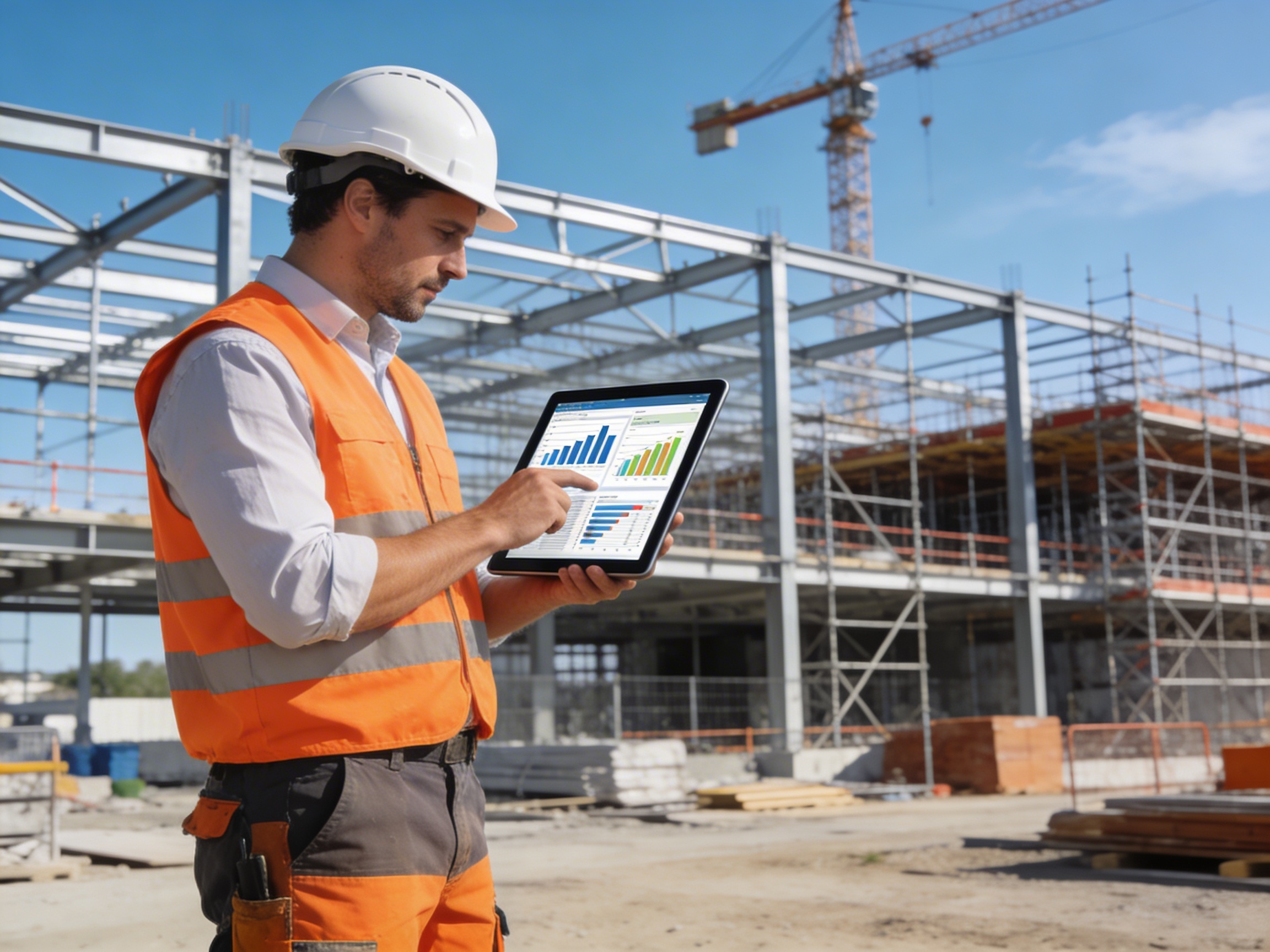 Chef de chantier BTP consultant les documents de caution sur tablette numérique
